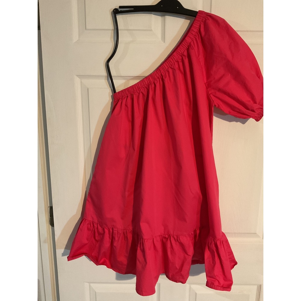 JS71 Hot‎ Pink One Shoulder Ruffle Hem Mini Dress with Pockets Size L